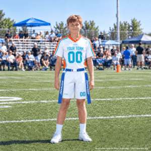 White Teal Orange Custom Youth Flag Football Jersey On-Model Preview