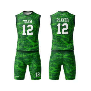 Green custom sleeveless compression flag football jersey set, front and back