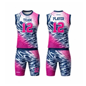 Navy and pink sleeveless compression flag football jersey set with matching shorts, front and back