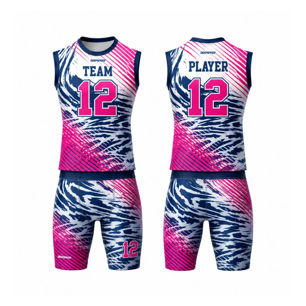 Navy and pink sleeveless compression flag football jersey set with matching shorts, front and back