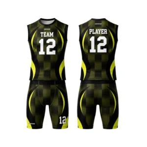 Black and yellow sleeveless compression flag football jersey set with curved yellow graphics and matching shorts, front and back